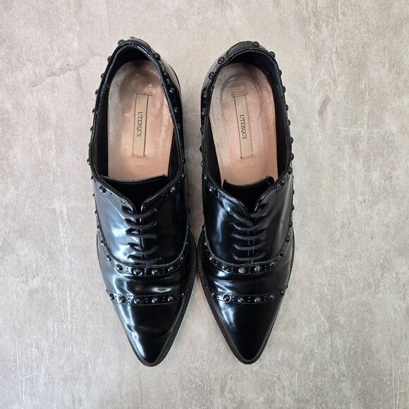 Uterque Oxford Shoe 7 Black Leather Spike Stud Goth Grunge Preppy Lace Up Loafer - Picture 2 of 11